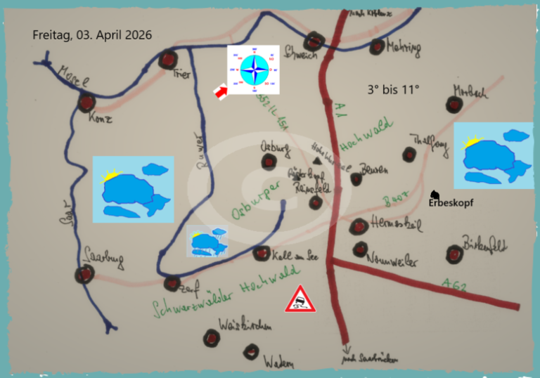 Die Tageswetterkarte für die Region zwischen Saar, Mosel, Landesgrenze zum Saarland und im Osten Morbach, zeigt mit Symbolen das Wetter an.