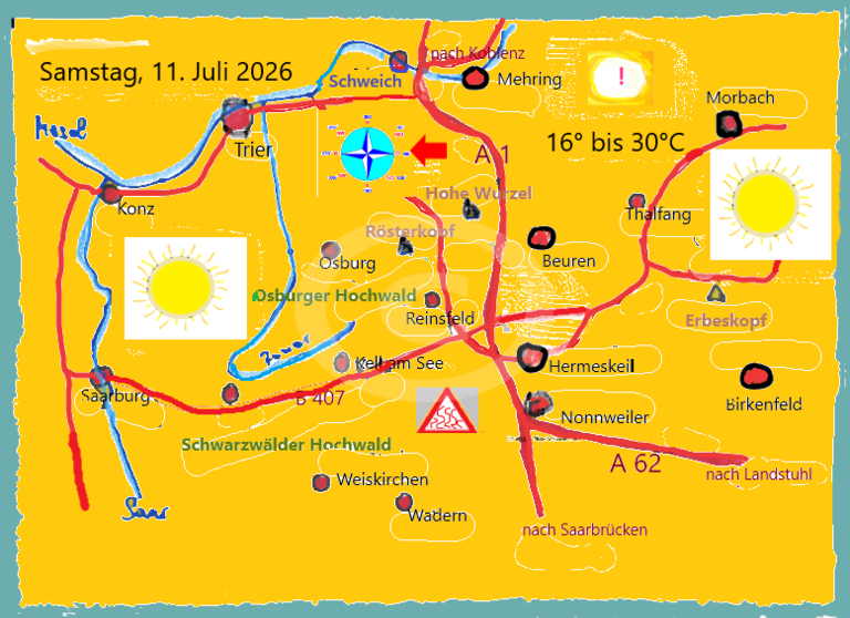 Die Tageswetterkarte für die Region zwischen Saar, Mosel, Landesgrenze zum Saarland und im Osten Morbach, zeigt mit Symbolen das Wetter an.