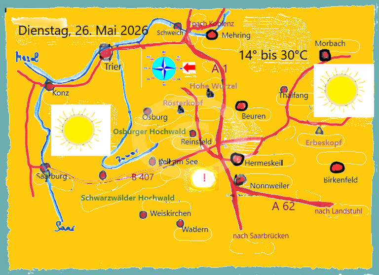 Die Tageswetterkarte für die Region zwischen Saar, Mosel, Landesgrenze zum Saarland und im Osten Morbach, zeigt mit Symbolen das Wetter an.