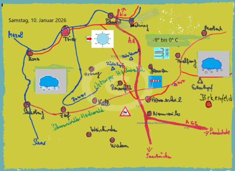 Die Tageswetterkarte für die Region zwischen Saar, Mosel, Landesgrenze zum Saarland und im Osten Morbach, zeigt mit Symbolen das Wetter an.